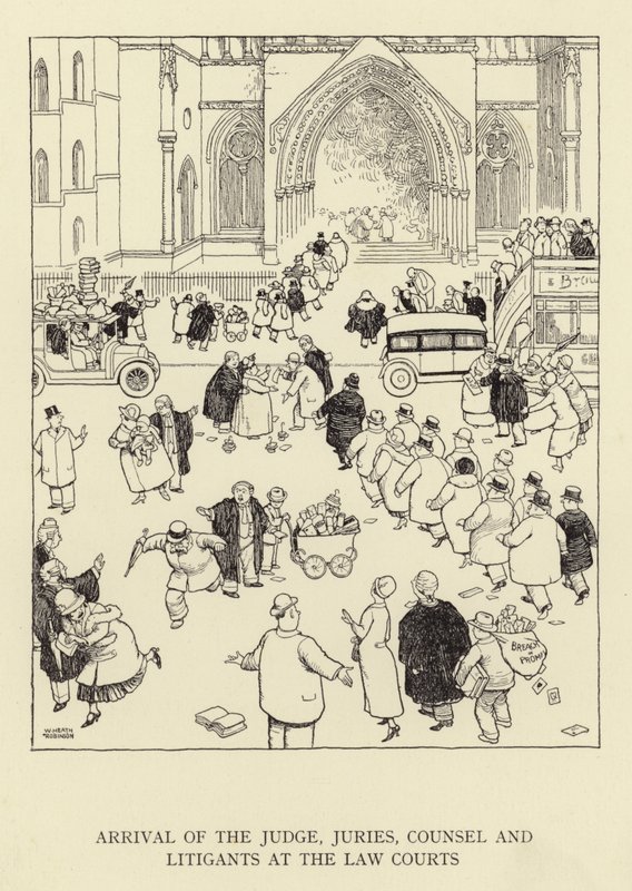 Ankomst av dommer, juryer, advokater og saksøkere til domstolene av William Heath Robinson