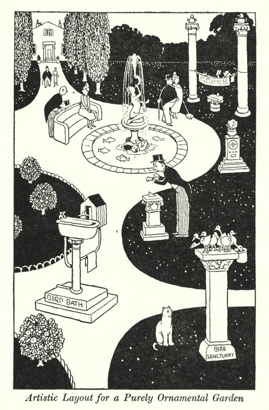 Kunstnerisk oppsett for en rent prydhage (litho) av William Heath Robinson