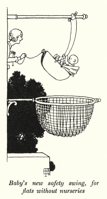 Babys nye sikkerhetshuske, for leiligheter uten barnehager (litho) av William Heath Robinson