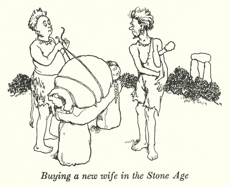 Kjøpe en ny kone i steinalderen (litho) av William Heath Robinson