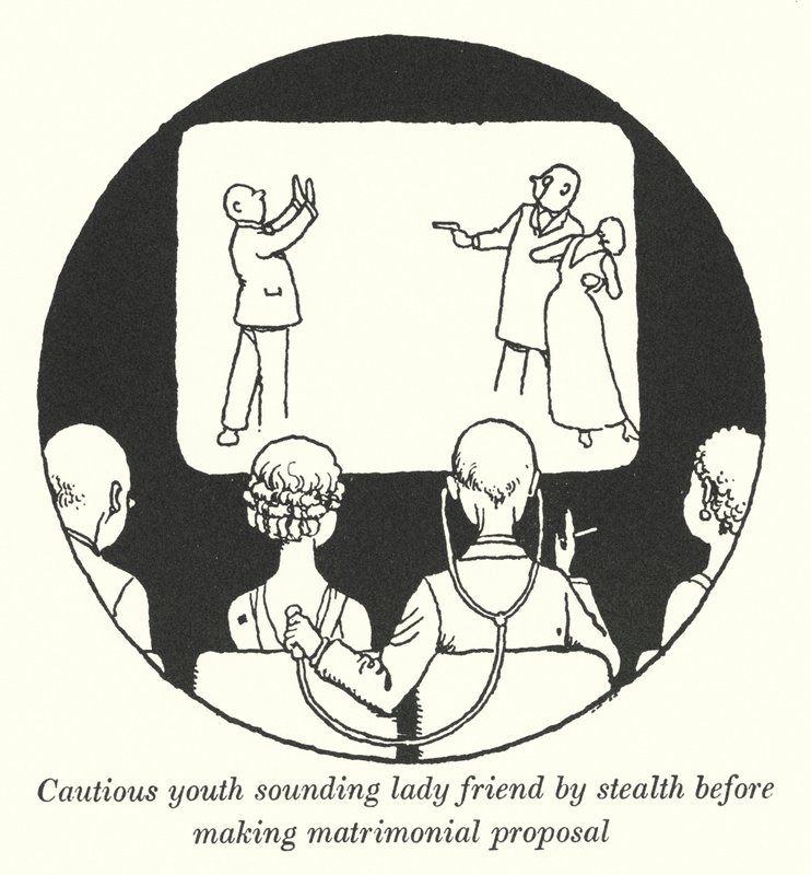 Forsiktig ungdom som lurer som en venninne ved sniking før du lager frieri (litho) av William Heath Robinson