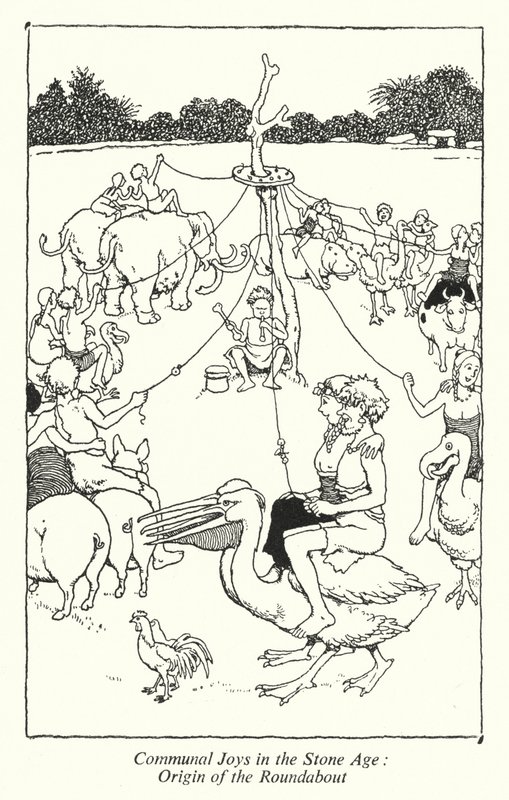 Felles gleder i steinalderen, opprinnelsen til rundkjøringen (litho) av William Heath Robinson