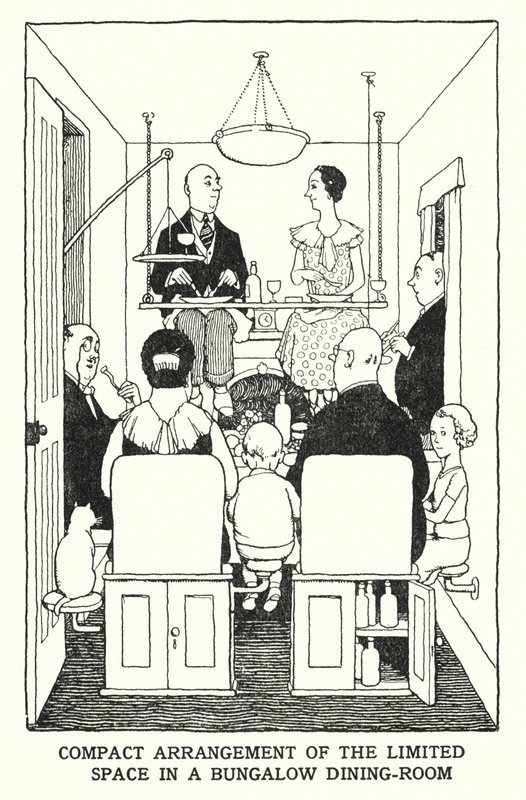 Kompakt arrangement av begrenset plass i en bungalow-spisestue (litho) av William Heath Robinson