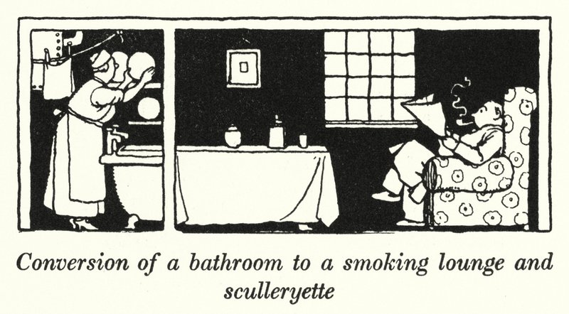 Konvertering av bad til røykestue og kjøkkenkrok (litho) av William Heath Robinson