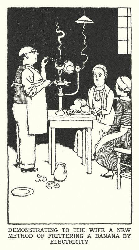 Demonstrerer for kona en ny metode for å frittere en banan med elektrisitet (litho) av William Heath Robinson