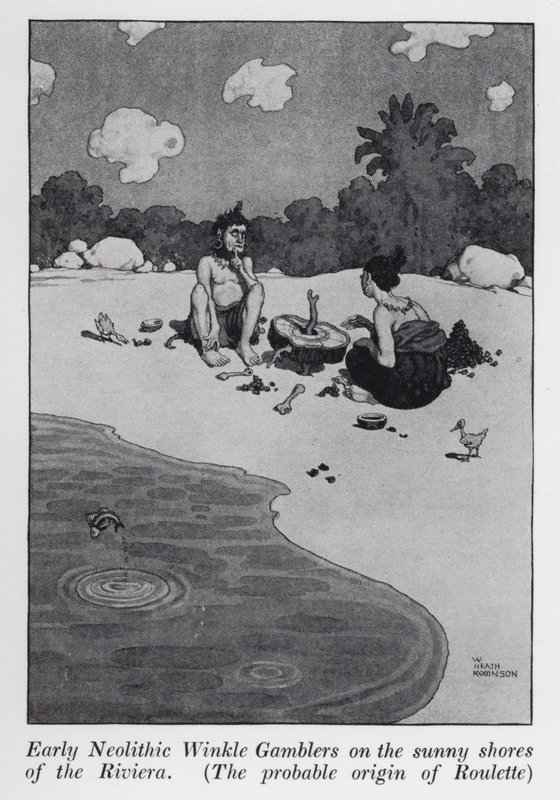 Tidlig neolittiske Winkle Gamblere på den solfylte kysten av rivieraen, den sannsynlige opprinnelsen til rulett (litho) av William Heath Robinson