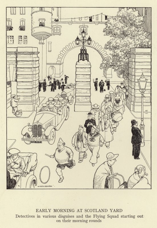 Tidlig morgen på Scotland Yard, detektiver i forskjellige forkledninger og Flying Squad starter på morgenrundene sine av William Heath Robinson