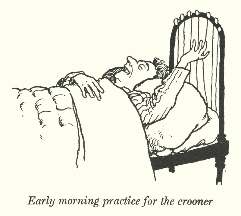 Tidlig morgentrening for crooneren (litho) av William Heath Robinson