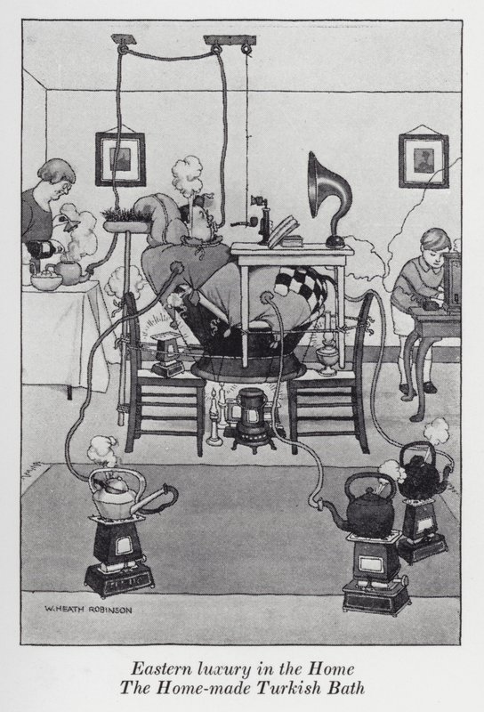 Østlig luksus i hjemmet, det hjemmelagde tyrkiske badet (litho) av William Heath Robinson