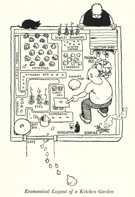 Økonomisk utforming av en kjøkkenhage (litho) av William Heath Robinson
