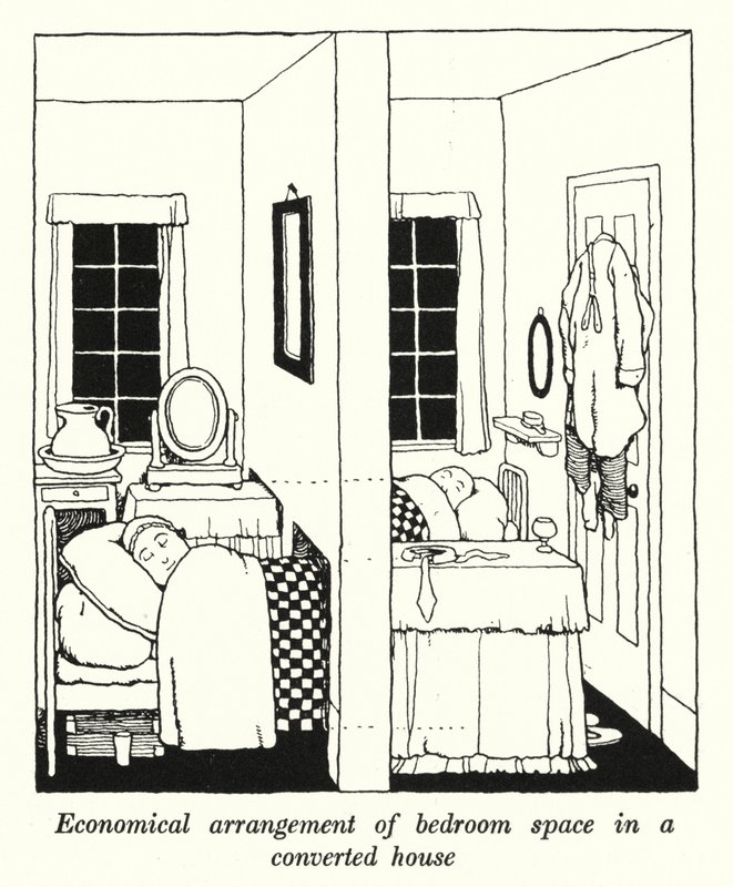 Økonomisk arrangement av soveromsplass i et ombygd hus (litho) av William Heath Robinson