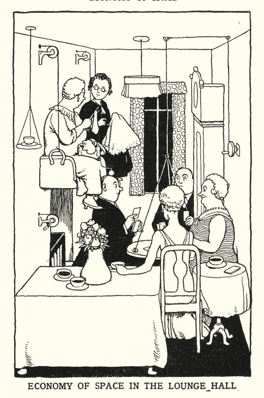 Romøkonomi i Lounge Hall (litho) av William Heath Robinson