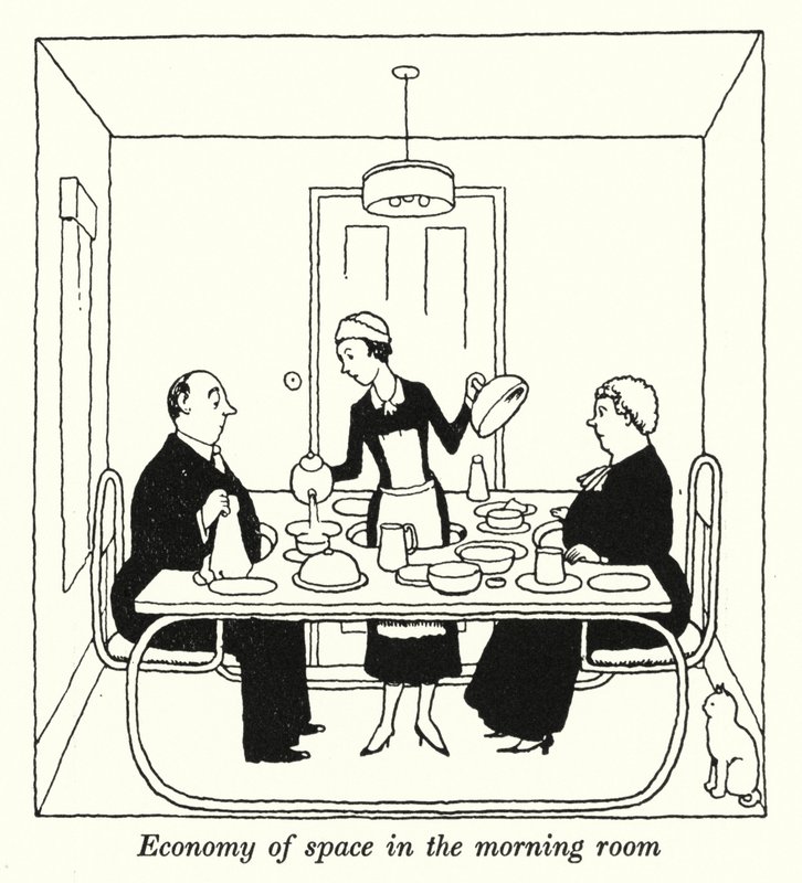 Plassøkonomi i morgenrommet (litho) av William Heath Robinson