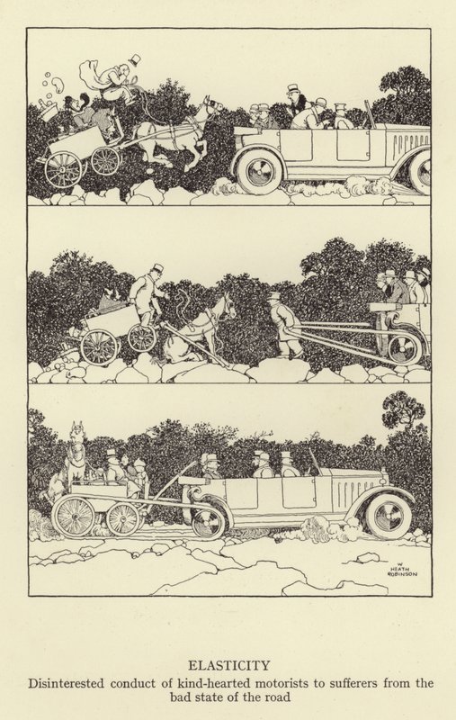 Elastisitet, uinteressert oppførsel av godhjertede bilister til lider av dårlig tilstand på veien av William Heath Robinson
