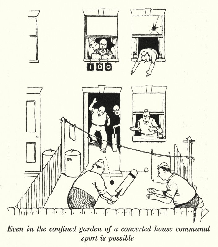 Selv i den innestengte hagen til et ombygd hus er felles sport mulig (litho) av William Heath Robinson