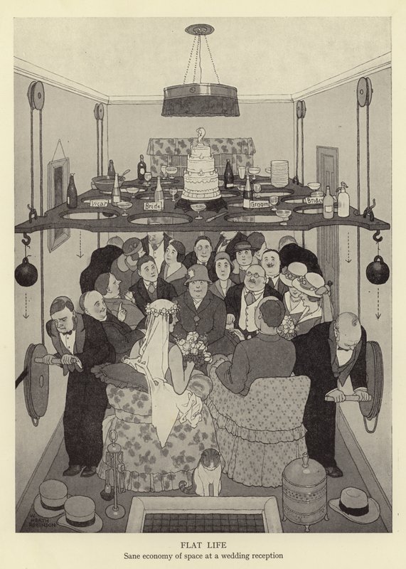 Flatt liv, fornuftig plassøkonomi ved en bryllupsmottakelse av William Heath Robinson