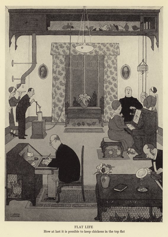 Flatt liv, hvordan det endelig er mulig å holde kyllinger i toppen flat av William Heath Robinson