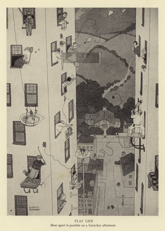 Flatt liv, hvordan sport er mulig på en lørdag ettermiddag av William Heath Robinson