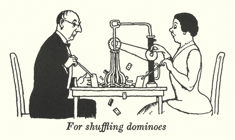 For stokking av dominobrikker (litho) av William Heath Robinson