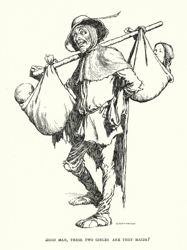Bra mann, er disse to jentene hushjelper? (litho) av William Heath Robinson