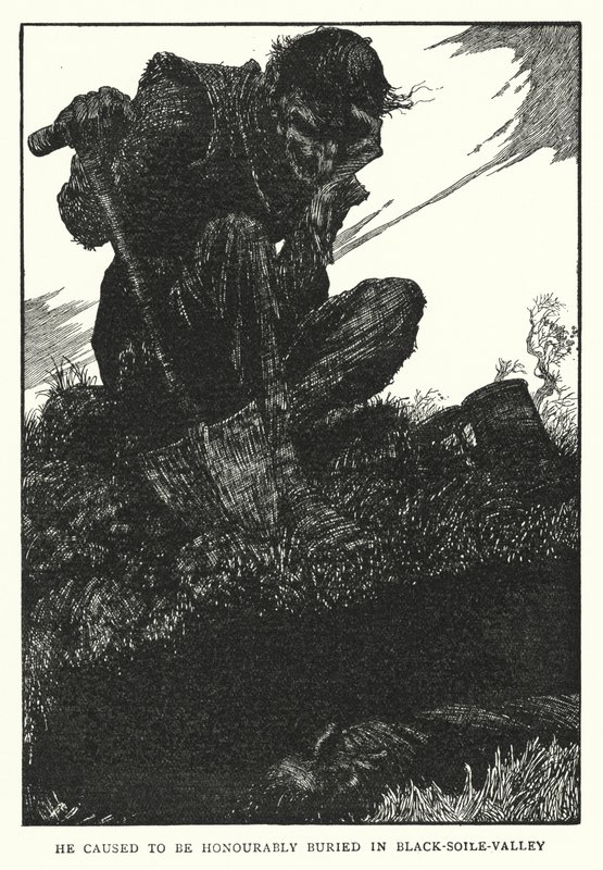 Han fikk hederlig gravlagt i Black-soile-dalen (litho) av William Heath Robinson
