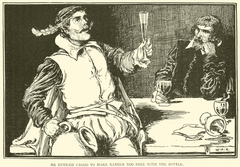 Han lokket Cassio til å gjøre seg litt for fri med flasken av William Heath Robinson