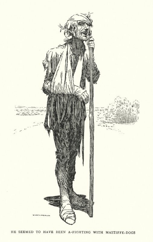 Han så ut til å ha kjempet med mastiffe-hunder (litho) av William Heath Robinson