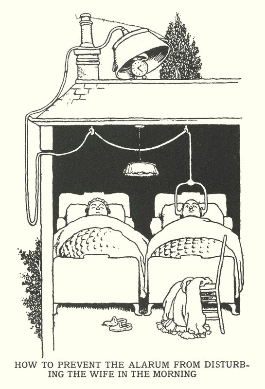 Hvordan forhindre at alarmen forstyrrer kona om morgenen (litho) av William Heath Robinson