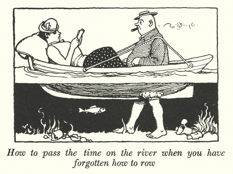Hvordan fordrive tiden på elven når du har glemt hvordan du ror (litho) av William Heath Robinson