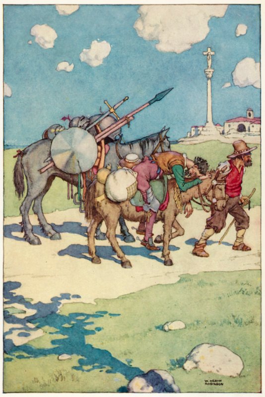 Illustrasjon for The Adventures of Don Quixote (farge litho) av William Heath Robinson