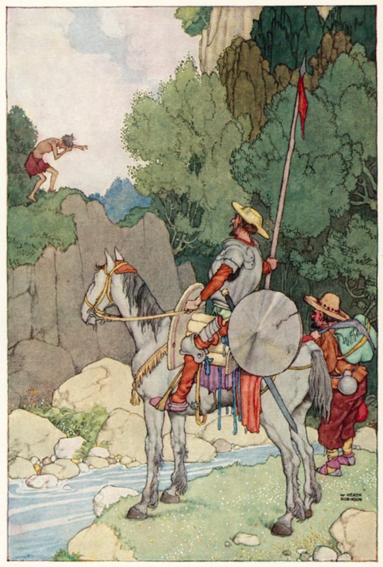 Illustrasjon for The Adventures of Don Quixote (farge litho) av William Heath Robinson