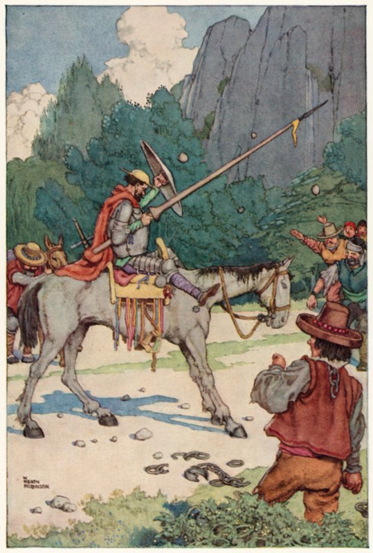 Illustrasjon for The Adventures of Don Quixote (farge litho) av William Heath Robinson