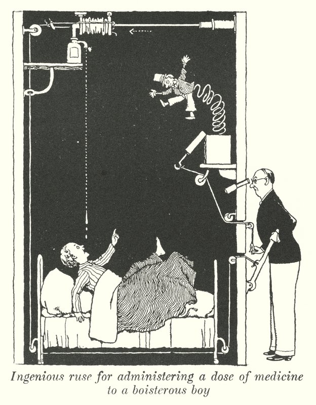 Genial list for å gi en dose medisin til en støyende gutt (litho) av William Heath Robinson
