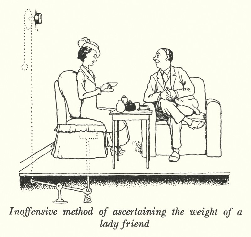 Ufornærmende metode for å fastslå vekten til en venninne (litho) av William Heath Robinson