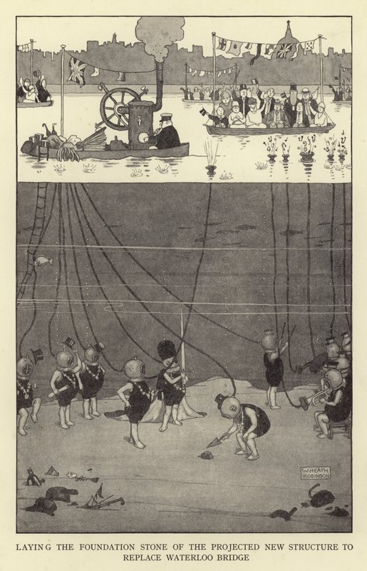 Legger grunnsteinen til den prosjekterte nye strukturen for å erstatte Waterloo Bridge av William Heath Robinson