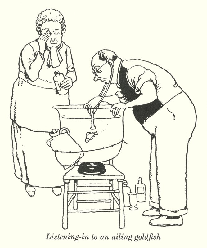 Lytte inn til en sykelig gullfisk (litho) av William Heath Robinson