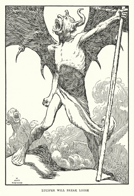 Lucifer vil bryte løs (litho) av William Heath Robinson