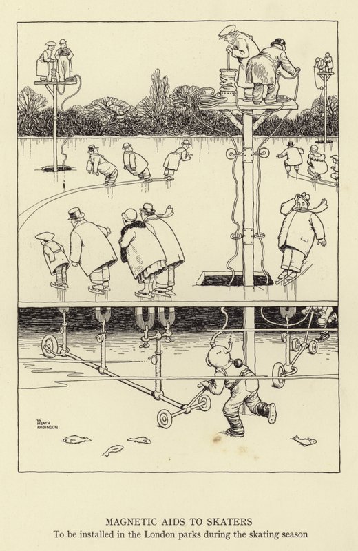 Magnetiske hjelpemidler til skatere, som skal installeres i London-parkene i løpet av skøytesesongen av William Heath Robinson