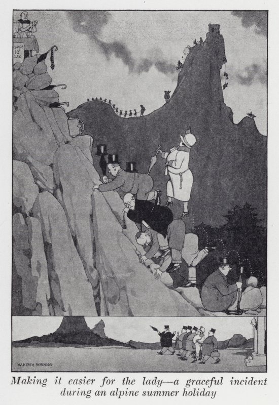 Gjør det lettere for damen, en grasiøs hendelse under en alpin sommerferie (litho) av William Heath Robinson