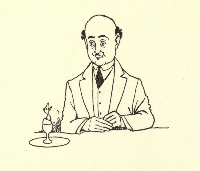 Mann overrasket av fugl i morgenegget sitt av William Heath Robinson