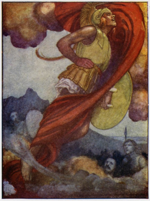 Mars, som en tordensky, feide oppover gjennom himmelen til Olympus (farge litho) av William Heath Robinson