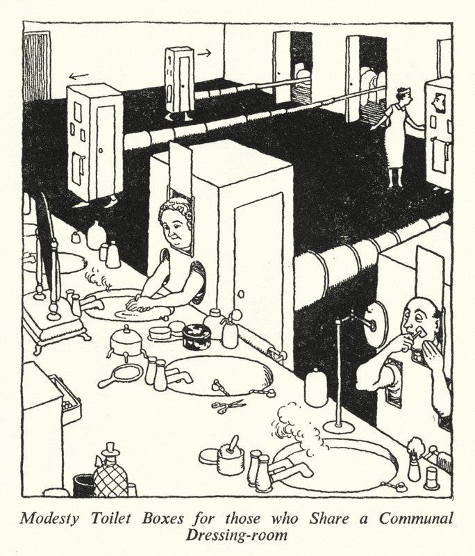 Modesty toalettbokser for de som deler felles omkledningsrom (litho) av William Heath Robinson