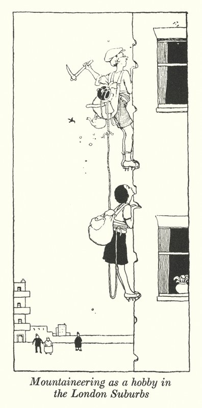 Fjellklatring som hobby i London Suburbs (litho) av William Heath Robinson