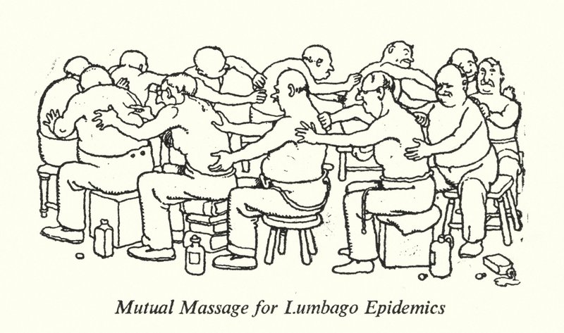 Gjensidig massasje for Lumbago-epidemier (litho) av William Heath Robinson
