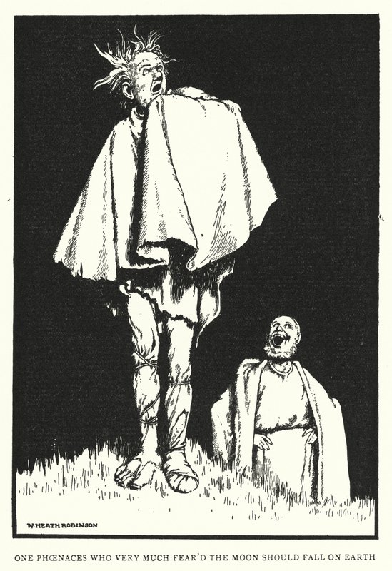 En Fønaser som fryktet at månen skulle falle på jorden (litho) av William Heath Robinson
