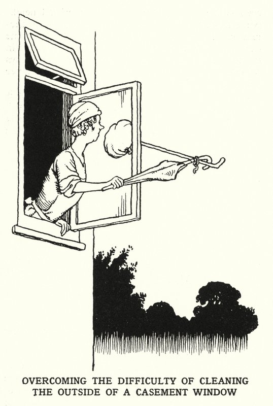 Overvinne vanskeligheten med å rengjøre utsiden av et karmvindu (litho) av William Heath Robinson