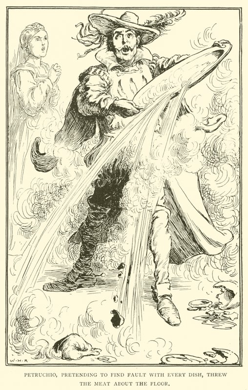 Petruchio, som lot som han fant feil med hver rett, kastet kjøttet på gulvet av William Heath Robinson