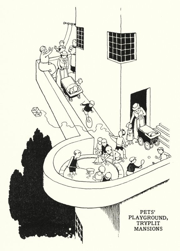 Kjæledyrs lekeplass, Tryplit Mansions (litho) av William Heath Robinson