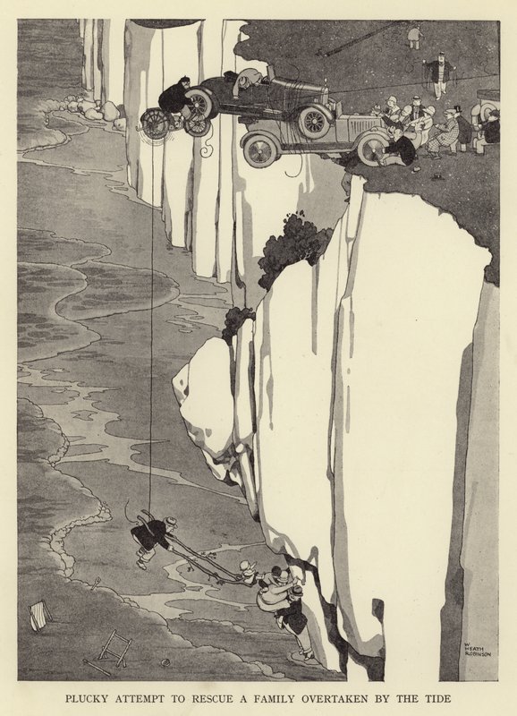 Kraftig forsøk på å redde en familie som ble overkjørt av tidevannet av William Heath Robinson