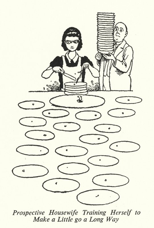 Potensielle husmor som trener seg for å få litt til å gå en lang vei (litho) av William Heath Robinson